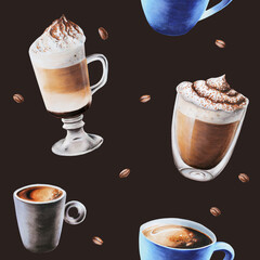Watercolor seamless pattern with coffee cups and coffee beens. Latte, espresso, americano, mocha. Hand painting on isolated background. For designers, menu, shop, bar, bistro, restaurant, for
