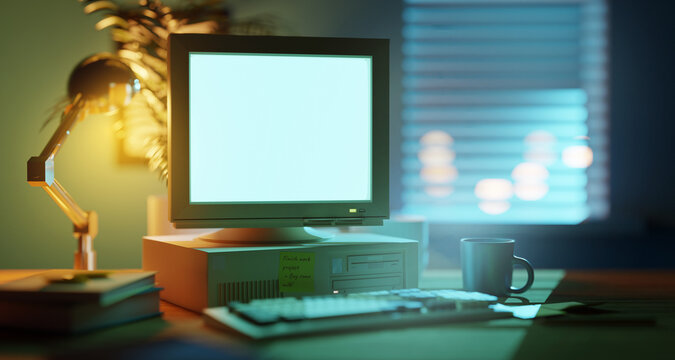 A 90s computer PC and monitor home office setup scene. 3D illustration