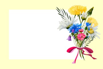 Beautiful wild flowers. Meadow flowers, field flowers.
Wild plants and flowers, drawing watercolor, field herbs, natural background, hand drawn illustration. Frame