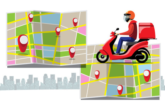 Big isolated Motorcycle vector colorful icons, flat illustrations of delivery by motorcycles through GPS tracking location. delivery bike, pizza and food delivery, instant delivery, online delivery.