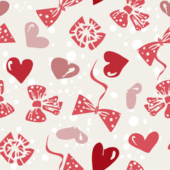 Seamless vector pattern with bows and  hearts. Color background 