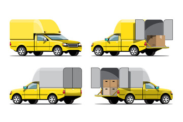 Fototapeta na wymiar Big isolated vehicle vector icons set, flat illustrations various view of van, logistic commercial transport concept.