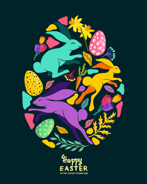 Colorful and bright Easter egg shape decorated with floral flowers and plants, rabbits and Easter eggs. Vector illustration.