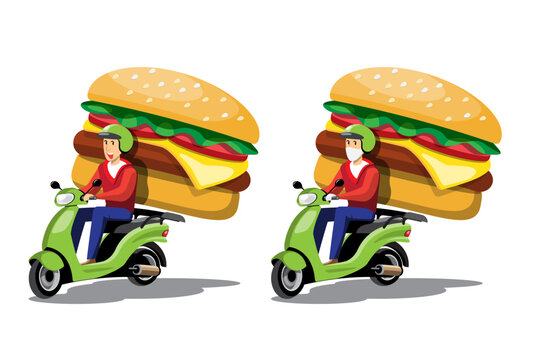 Big isolated Motorcycle vector colorful icons, flat illustrations of delivery by motorcycles through GPS tracking location. delivery bike, burger and food delivery, instant delivery, online delivery.