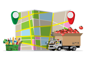 Fototapeta premium Big isolated vehicle vector colorful icons, flat illustrations of delivery by van through GPS tracking location. delivery vehicle, goods and food delivery, instant delivery, online delivery.