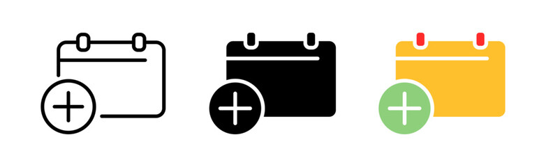 Calendars set icon. Discount sticker, plus, share arrow, time management, reminder, event, app, schedule. Planning concept. Vector icon in line, black and colorful style on white background