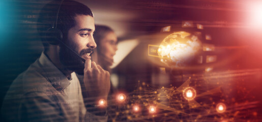 Call center, customer service and hologram overlay with a man consultant working on global ai for support. Contact, 3d and futuristic world with a male consulting in his international support office