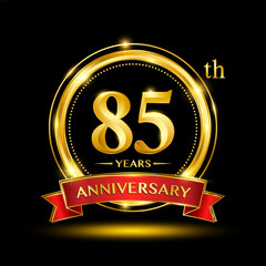 85th Anniversary logo design with golden ring and red ribbon for anniversary celebration event. Logo Vector Template Illustration