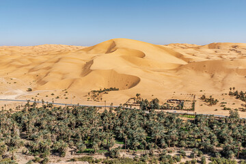 Fototapeta na wymiar Taghit town of Bechar, Algeria Sahara desert. Palm trees oasis, a khaima or a tuareg stable dome tent covered with mats and sand dune with a blue clear sky. Aerial view from Djebel Baroun mountain.