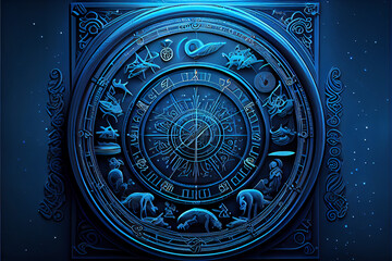 Astrological signs on the antique clock Torre dell'Orologio, Medieval wheel of the zodiac and constellations. Golden symbols on a star circle. Astrology concept, horoscope and time. Ai generated