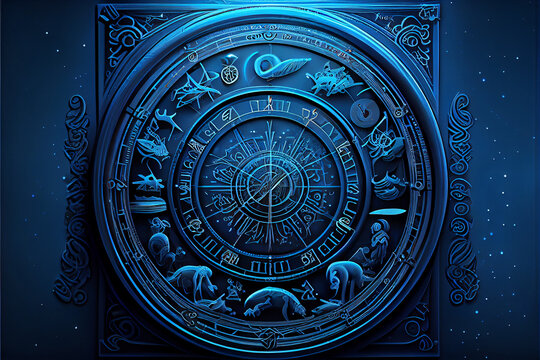 Astrological signs on the antique clock Torre dell'Orologio, Medieval wheel of the zodiac and constellations. Golden symbols on a star circle. Astrology concept, horoscope and time. Ai generated