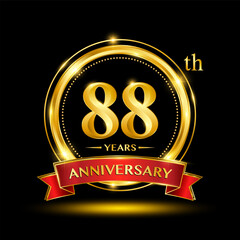 88th Anniversary logo design with golden ring and red ribbon for anniversary celebration event. Logo Vector Template Illustration