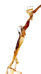 Coffee drink water mix ice cube fall pouring down in Shape form line of espresso black coffee splashes into drop soda cola attack fluttering in air, stop motion freeze shot. Splash coffee cola drink - obrazy, fototapety, plakaty