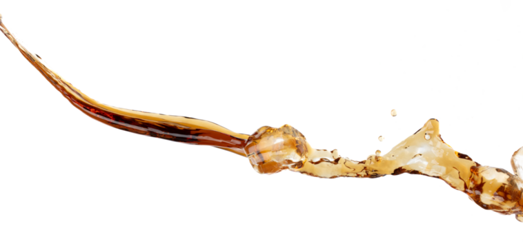 Coffee drink water mix ice cube fall pouring down in Shape form line of espresso black coffee splashes into drop soda cola attack fluttering in air, stop motion freeze shot. Splash coffee cola drink