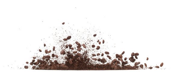 Coffee powder mix bean fly explosion, Coffee crushed mix seed float explode, abstract cloud fly. Coffee dust powder bean splash throwing in Air. White background Isolated high speed shutter, freeze