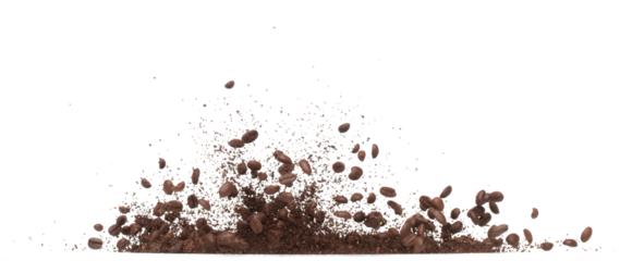 Coffee powder mix bean fly explosion, Coffee crushed mix seed float explode, abstract cloud fly. Coffee dust powder bean splash throwing in Air. White background Isolated high speed shutter, freeze