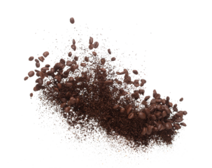 Coffee powder mix bean fly explosion, Coffee crushed mix seed float explode, abstract cloud fly. Coffee dust powder bean splash throwing in Air. White background Isolated high speed shutter, freeze