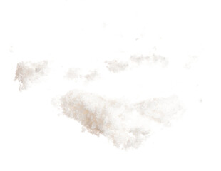 Crystal Salt flying explosion, flake white grain salts explode abstract cloud fly. Big size salt splash in air, food object element design. White background isolated high speed freeze motion