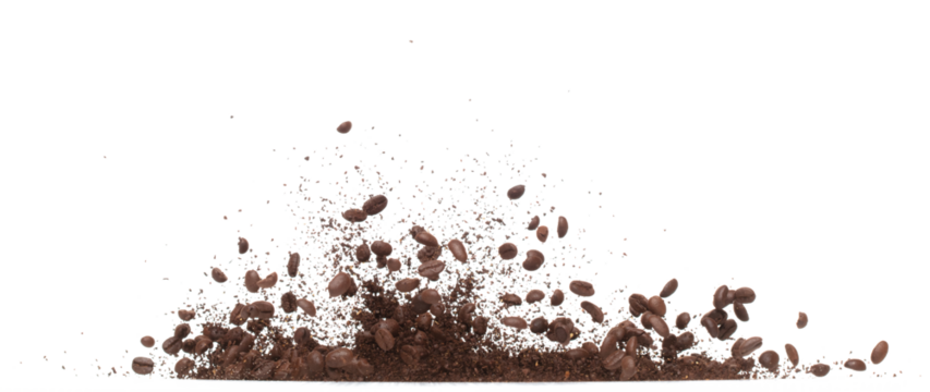 Coffee powder mix bean fly explosion, Coffee crushed mix seed float explode, abstract cloud fly. Coffee dust powder bean splash throwing in Air. White background Isolated high speed shutter, freeze