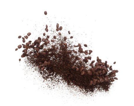 Coffee powder mix bean fly explosion, Coffee crushed mix seed float explode, abstract cloud fly. Coffee dust powder bean splash throwing in Air. White background Isolated high speed shutter, freeze