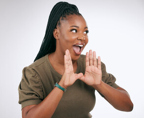 Wow, announcement and excited with a black woman in studio on a gray background to share news. Hands, promotion and information with a young female indoor sharing a secret as a brand ambassador - obrazy, fototapety, plakaty