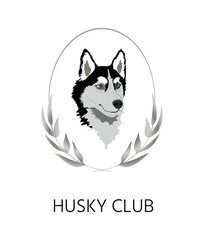 Husky portrait inside silver wreath or garland