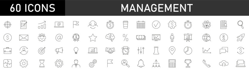 Management editable stroke icon collection. Management and Business thin line icons set.