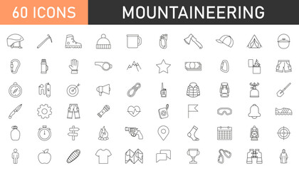 Rock climbing equipment thin line vector icons.