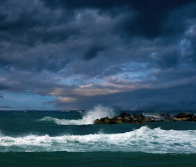 Storm on the Mediterranean Sea. Stormy sky, rain