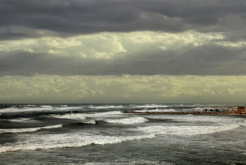 Fototapeta na wymiar Storm on the Mediterranean Sea. Stormy sky, rain