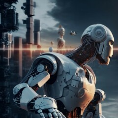Android, cyborg, robot fighting or protecting an area.