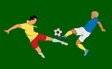 Football players playing with the ball. Vector illustration of football players playing with the ball on the green field. Sketch for creativity.