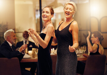 Dance, singing and portrait of women at an event for new years, birthday celebration or party....