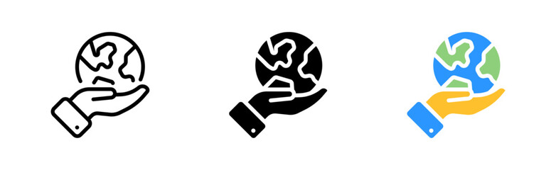 Globes in the hand set icon. Map, location, gear, pointer, satellite, orientation, space, destination. Geolocation concept. Vector icon in line, black and colorful style on white background