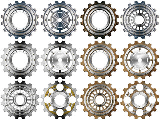 Collection of metal gears (cogwheels), isolated on white or transparent background, 3d illustration, png.