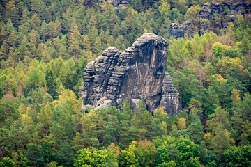Panoramic birdview over monumental Bastei sandstone pillars near Kurort Rathen village in the national park Saxon Switzerland by Dresden and Elbe river, Saxony, Germany