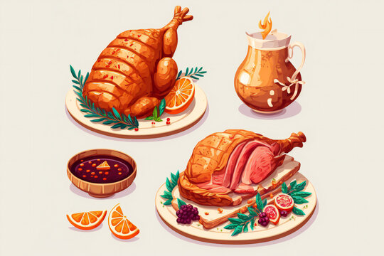 Christmas Dishes Roasted Pork Knuckle, Digital Illustration Painting Artwork, Generative AI