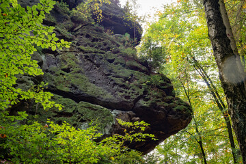 Panoramic birdview over monumental Bastei sandstone pillars near Kurort Rathen village in the national park Saxon Switzerland by Dresden and Elbe river, Saxony, Germany