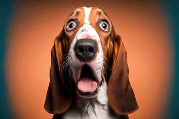 Studio portrait of a basset hound with a surprised face, concept of Staring Eyes and Floppy Ears, created with Generative AI technology - obrazy, fototapety, plakaty