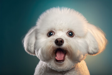 Studio portrait of a bichon frise dog with a surprised, concept of Pet Photography and Surprised Expression, created with Generative AI technology