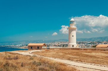 Fototapeta na wymiar Lighthouse in the old town of Paphos, Archaeological Park of Cyprus.