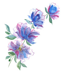 Watercolor fantasy flower with green leaves and blue blossoms on white background