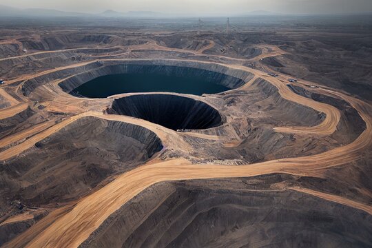 coal mining an open pit extractive industry, aerial drone top view. Generative AI