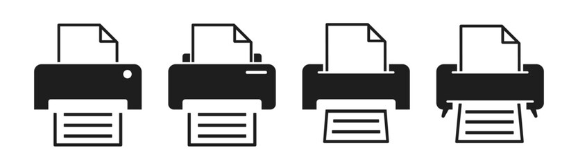 Printer icon set. Office printer with paper document graphic image. Print press pictogram isolated on white background.