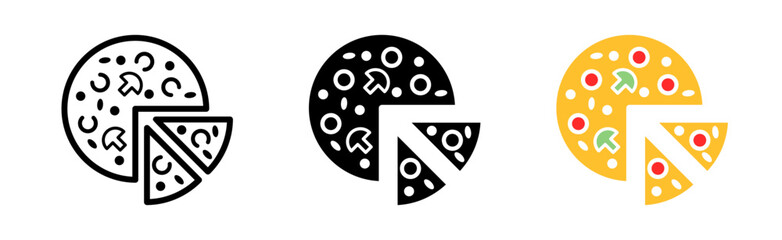 Pizza set icon. Meat, chicken, pork, beef, restaurant, eatery, cafe, table, holiday, guests mongal, skewer, cook, fry, marinade, cook. Vector icon in line, black and colorful style on white background