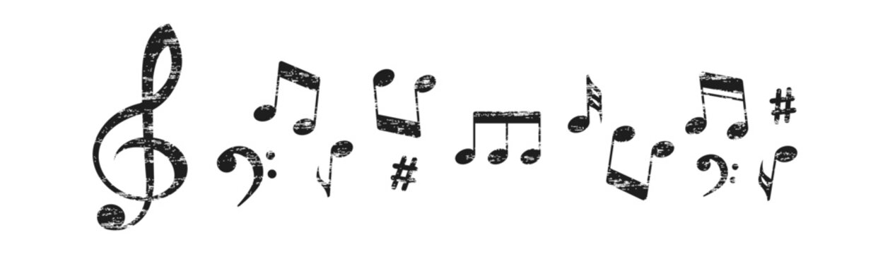 Music notes in hand drawn style. Musical drawing note isolated on white background. Black melody key in grunge texture. Vector illustrator.