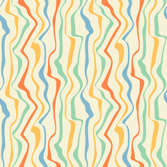Distorted lines psychedelic seamless pattern. Retro 70s 90s 00s style texture. Groovy colorful waves background for textile, paper, poster. Abstract wavy template. Vector illustration.