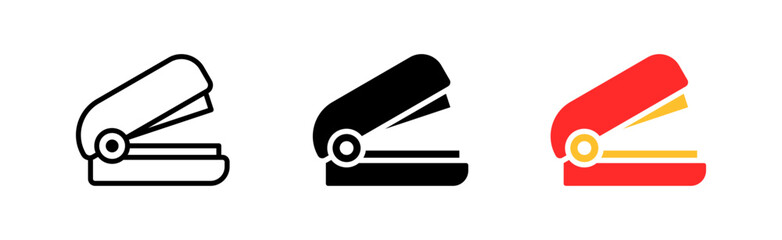 Stapler set icons. Team, cohesion, link, metal, hyperlink, strength, data transfer, device pairing, grip. Vector icon in line, black and colorful style on white background