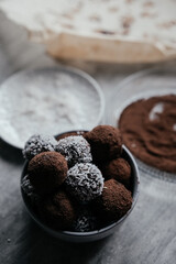 Homemade cream cheese and dark chocolate truffles 