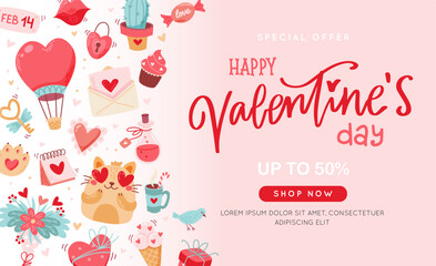 Valentines day sale banner with cute elements, hand drawn calligraphy on pink background, Vector illustration